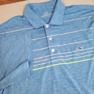 Vineyard Vines Mens Large Blue Striped Performance Polo Shirt Short Sleeve Golf